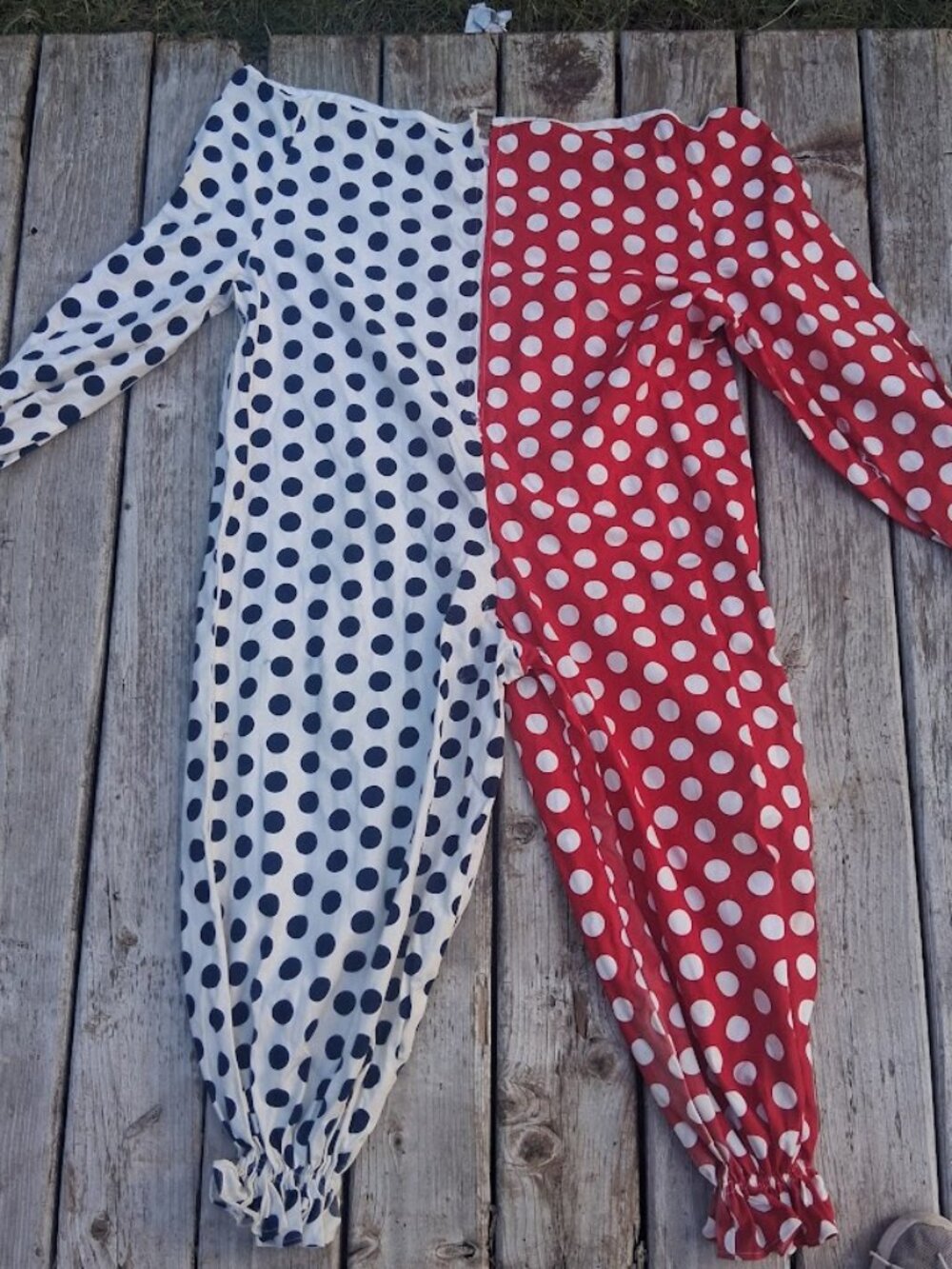CLOWN COSTUME Size L XL Vintage Polka Dot Jumpsuit Red Navy Blue Harlequin Adult
